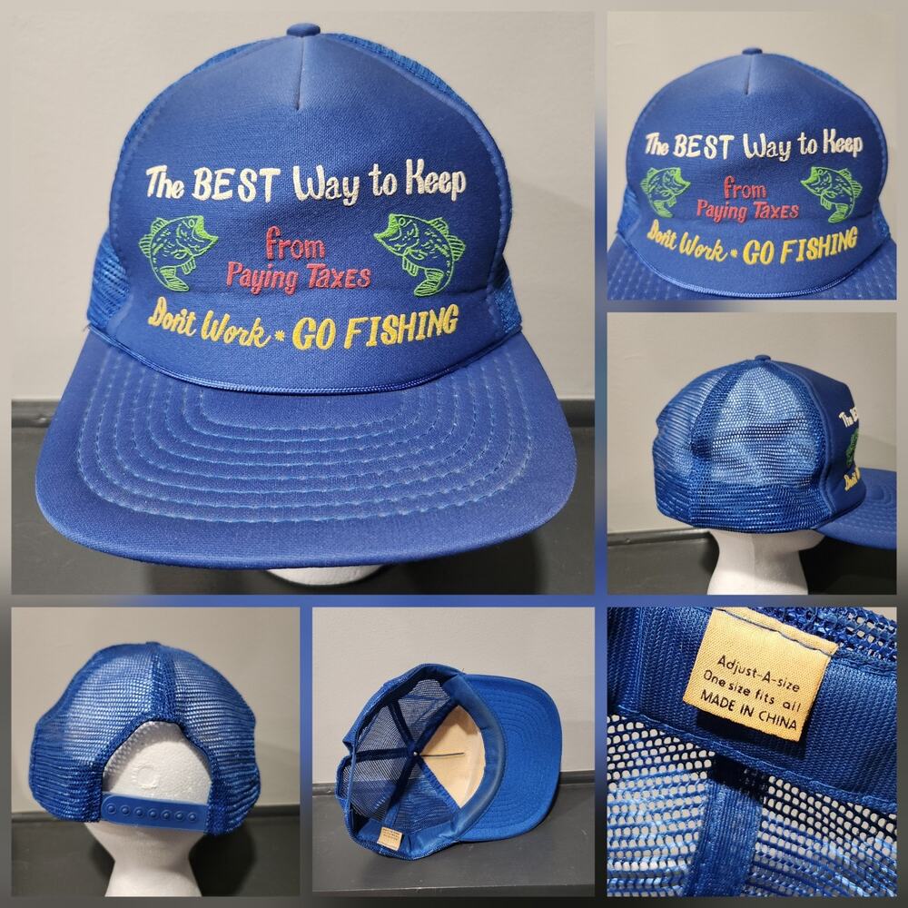 VTG Dont Work Go Fishing Bass Fish Mesh Trucker Adjustable Snapback Hat Cap OSFA
